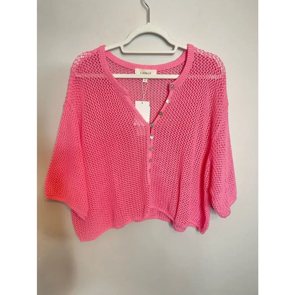 $99 l*space Coast is clear pink crochet beach coverup top NWT XL - Picture 7 of 14